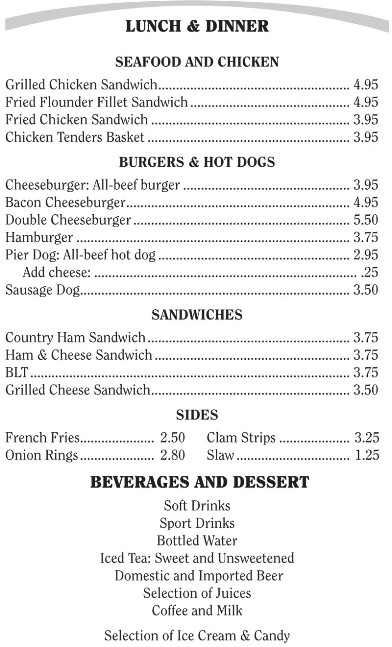 Jolly Roger Motel Pier Grill Lunch http://www.jollyrogertopsailbeach.com/index.php?c=grill Dinner Menu