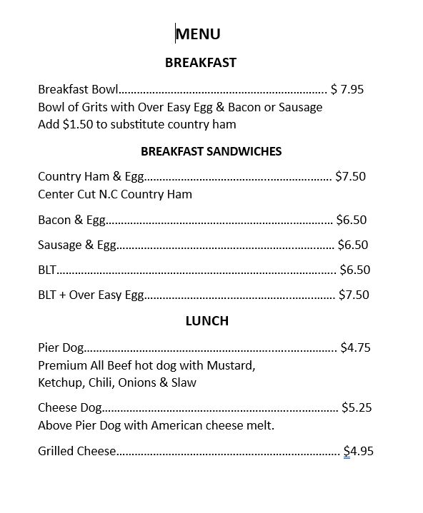 Jolly Roger Motel Pier Grill Breakfast Menu